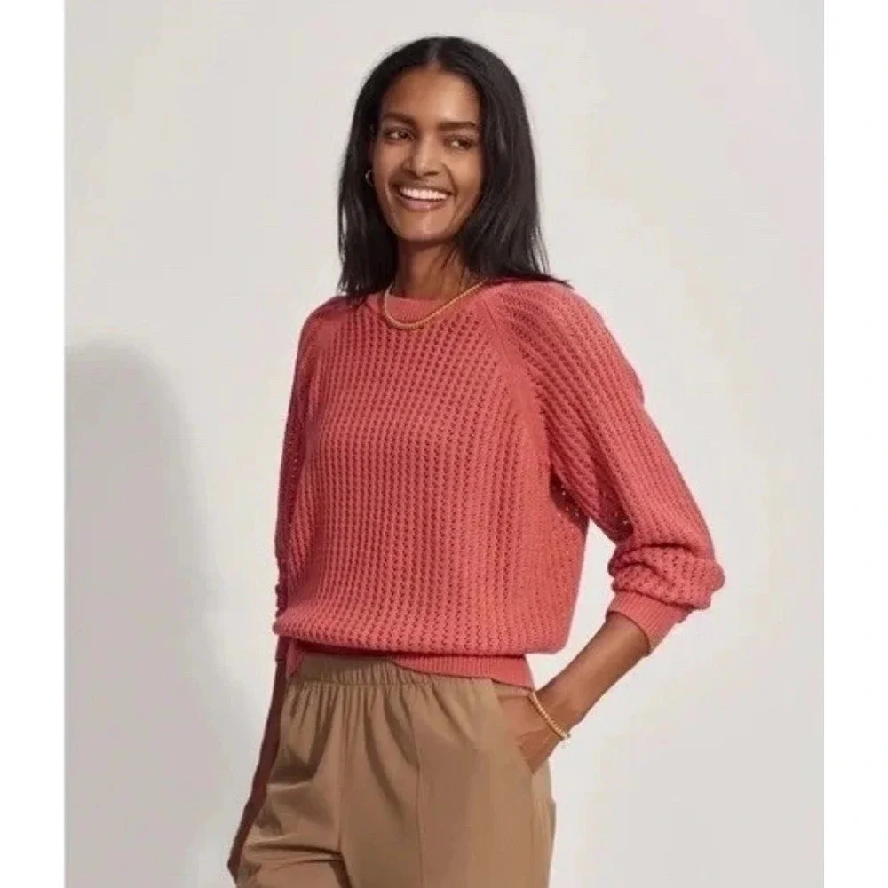 VARLEY $120 Clay Knit‎ Sweater Mineral Red Crewneck Pullover Open Knit Cotton S